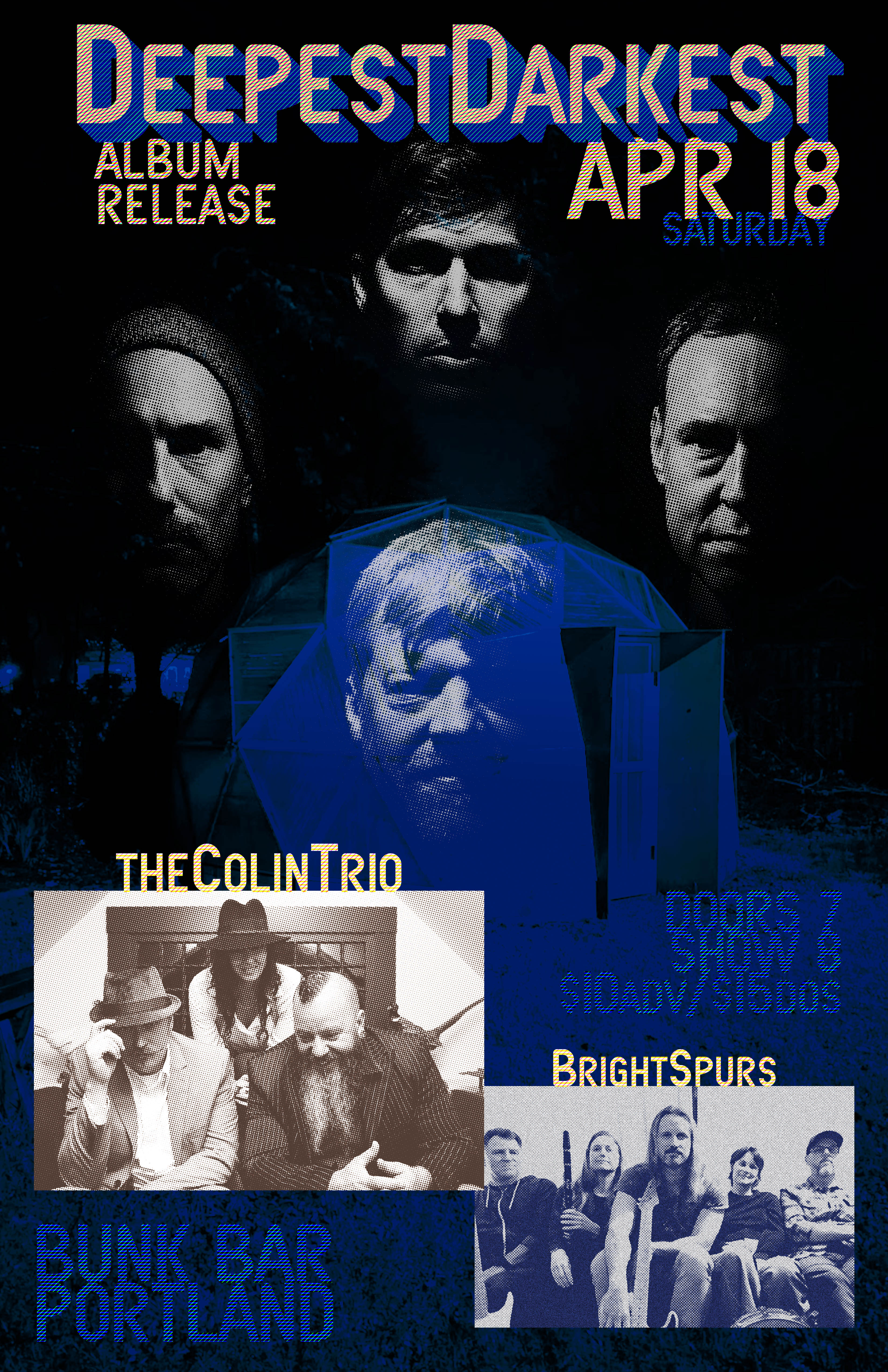 Poster: Deepest Darkest album release with Colin Trio and Bright Spurs at Bunk Bar